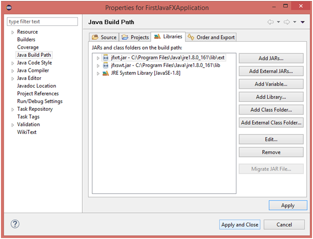 JavaFX with Eclipse Apply and Close
