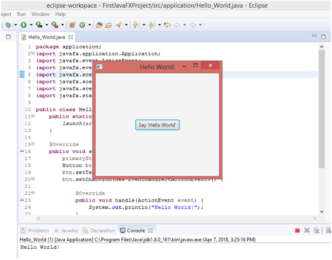 JavaFX with Eclipse execute the class file Say Hello Button